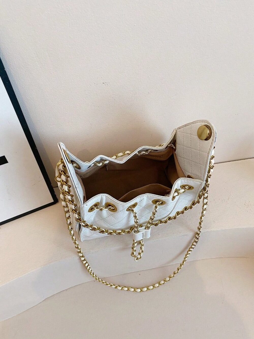 White Casual Women's Rhombus Embroidery Small Square Dual Chain Crossbody Bag - Picture 8 of 8